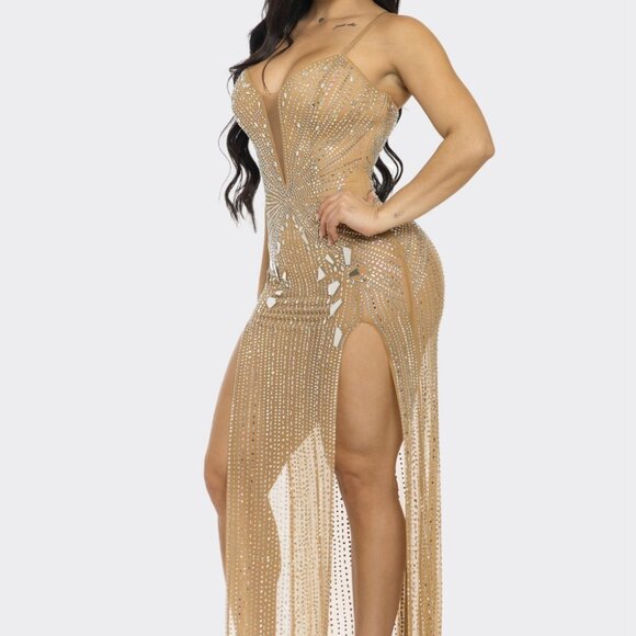 Front Split Mirror Rhinestone Maxi Dress - Picture 2 of 6